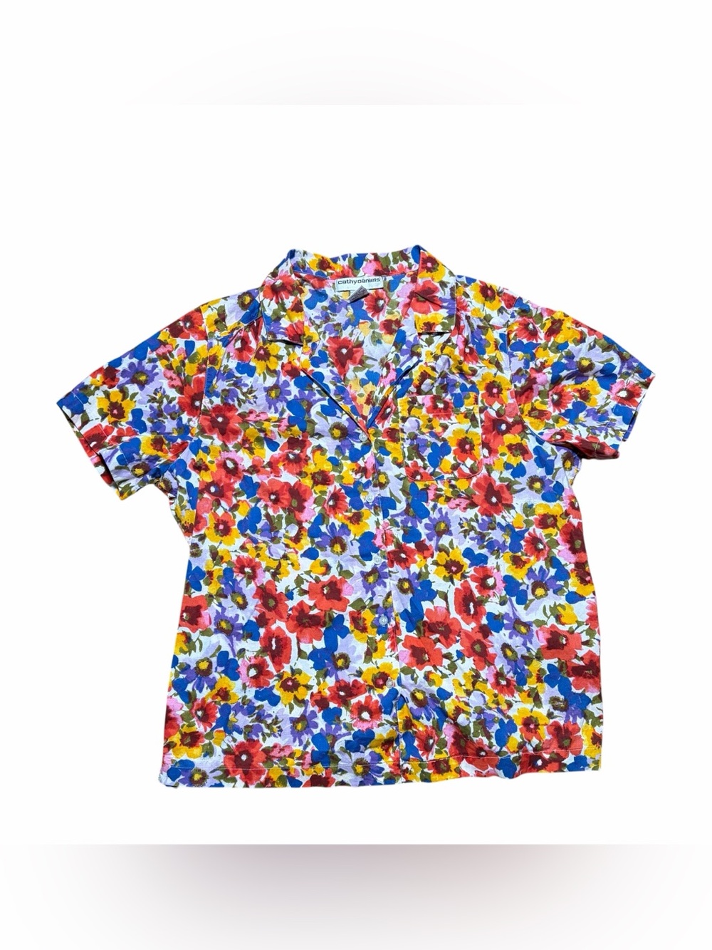 Grandma Core Short-Sleeve Floral Button-Down Shirt - Red Blue Yellow Purple